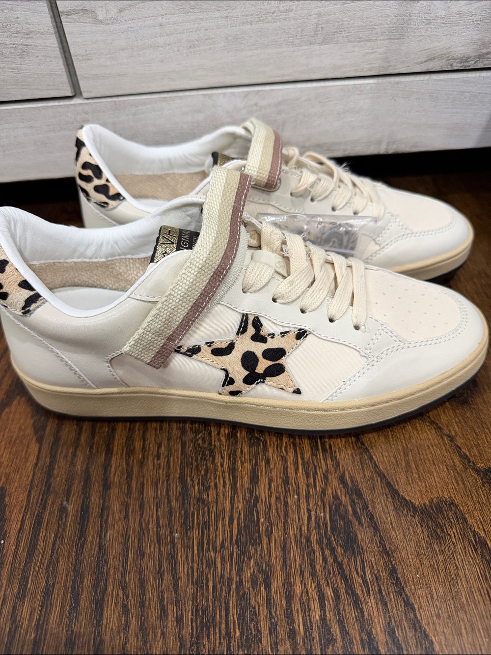 Vintage Havana Women’s Cream Leather Sneakers with Leopard Star Accent